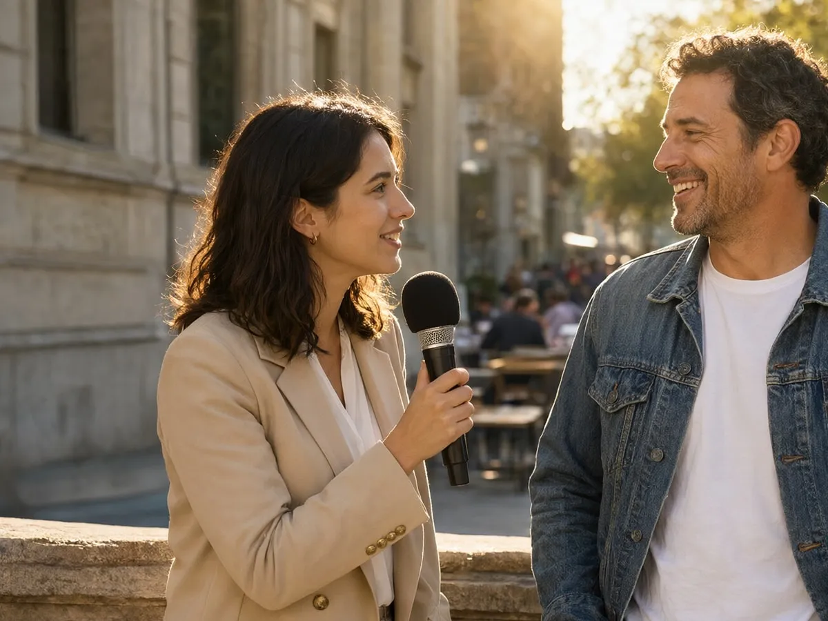 Interview frame with a lower-third caption over a softly blurred street