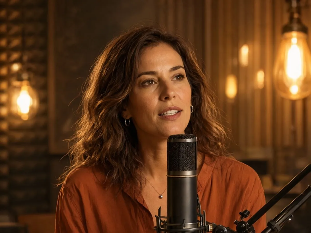 Close-up podcast portrait with a microphone in front of the speaker