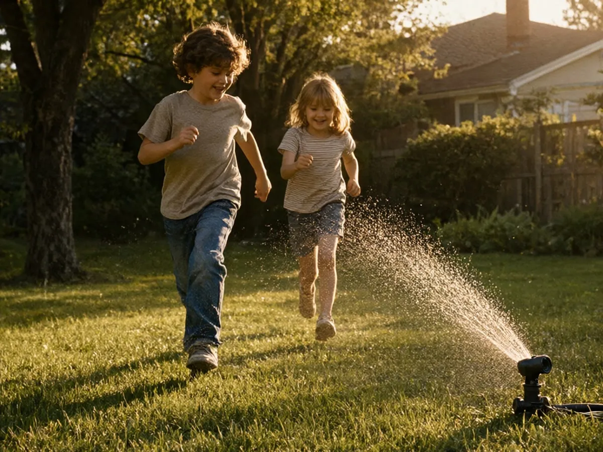 Two children running through a sunlit garden with water spray