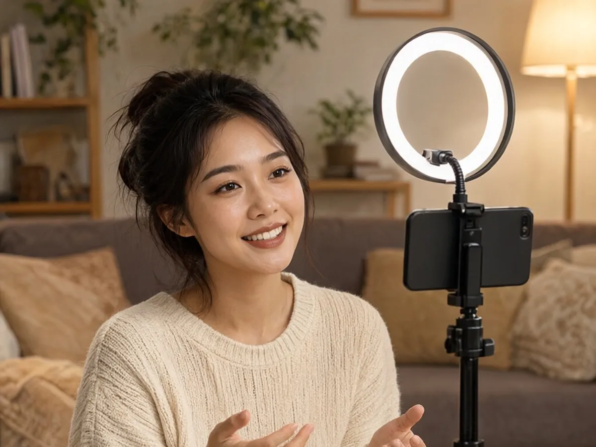 Creator filming a vertical video in a warm living room with a ring light