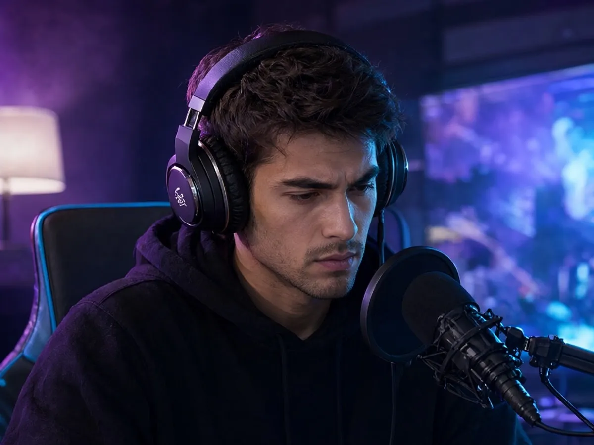 Live streamer at a desk with a microphone and a moving game screen behind him